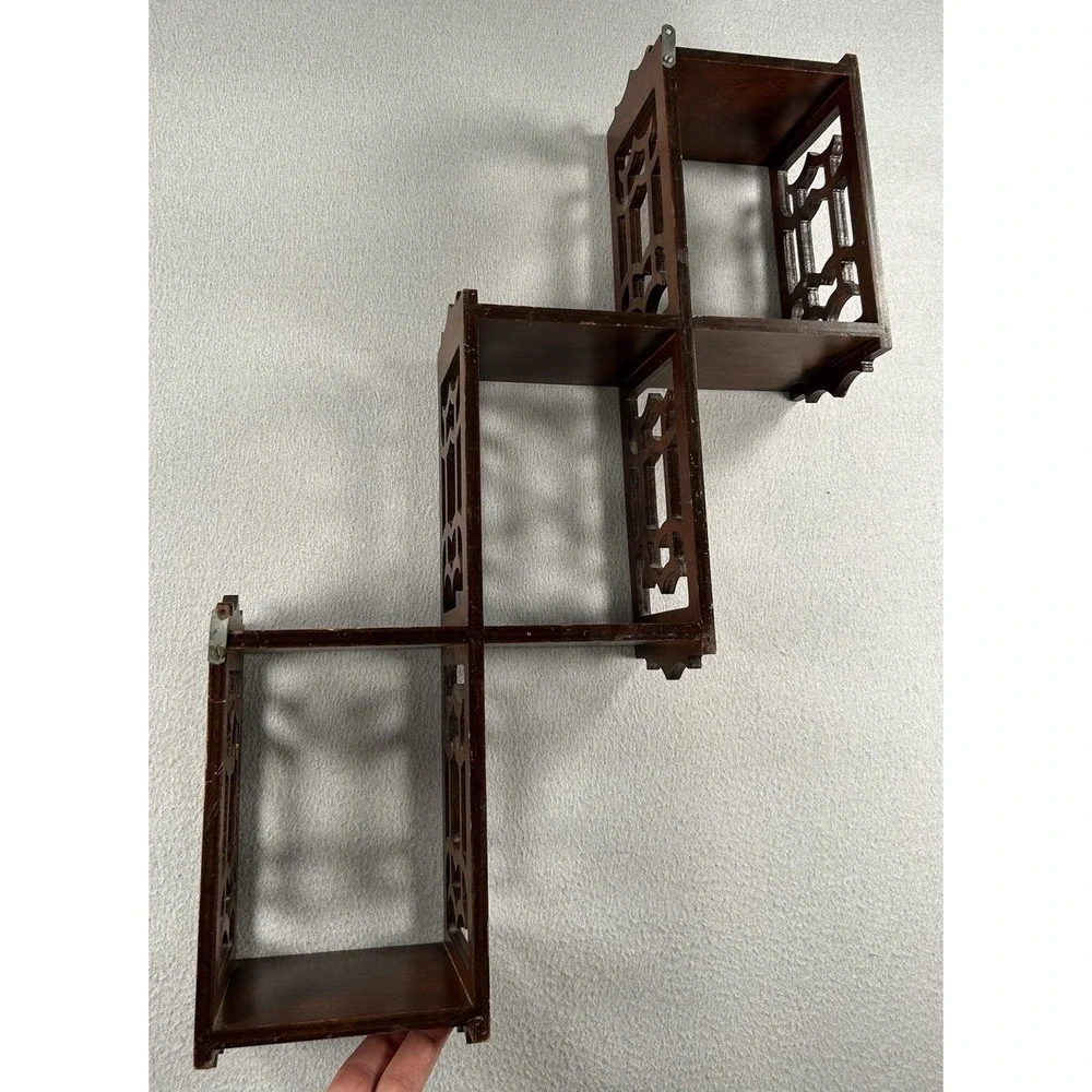 VTG Mahogany? Wood 3 Tier Wall Shelf Carved Fretwork 24